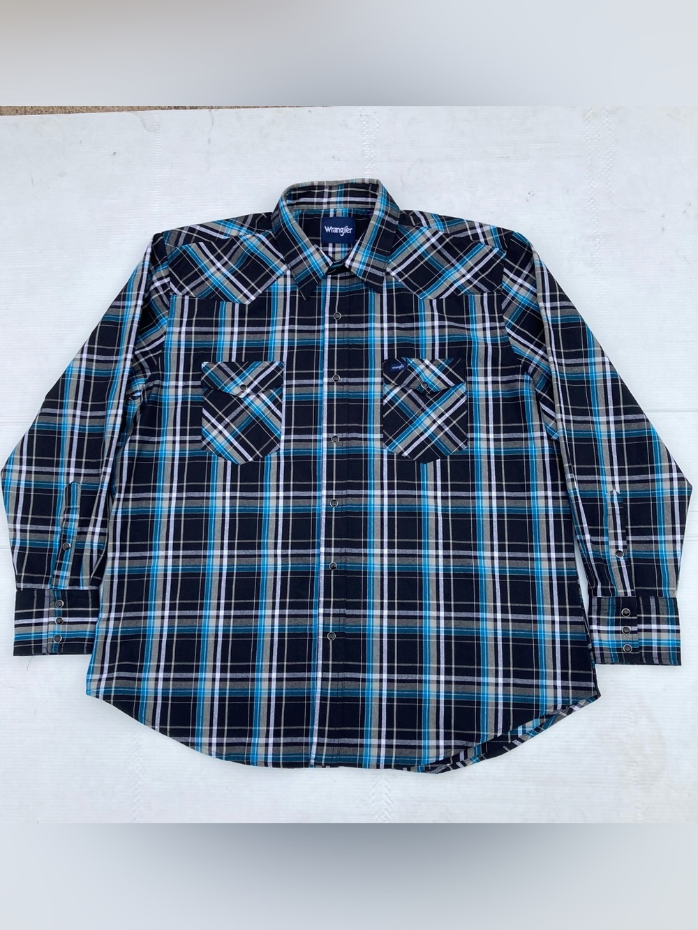 Wrangler Mens XXL Pearl Snap Shirt Denim Long Sleeve Plaid Blue Black Heavy